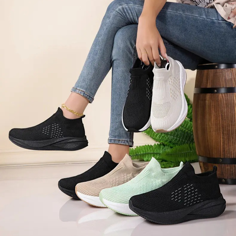 Knit Fabric Lace Up Sneakers - Unisex Slip on Sock Running Shoes
